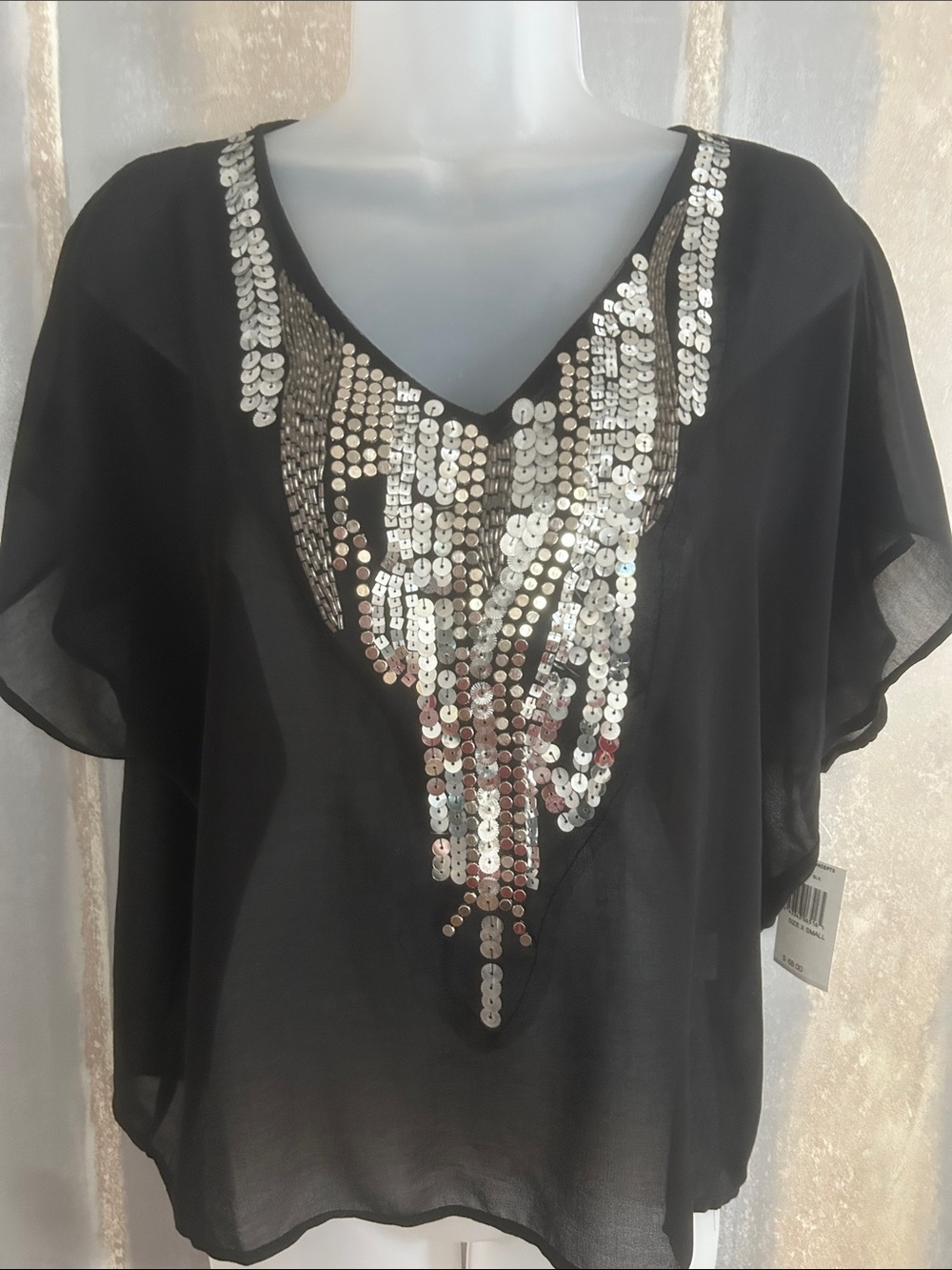 Collective Concepts Black Sheer Top with Silver Sequin V-Detail